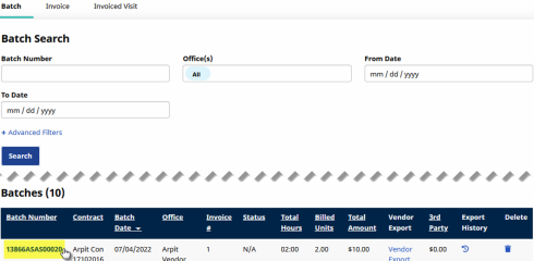 Users can click the leftmost Batch Number link in the Batches table.